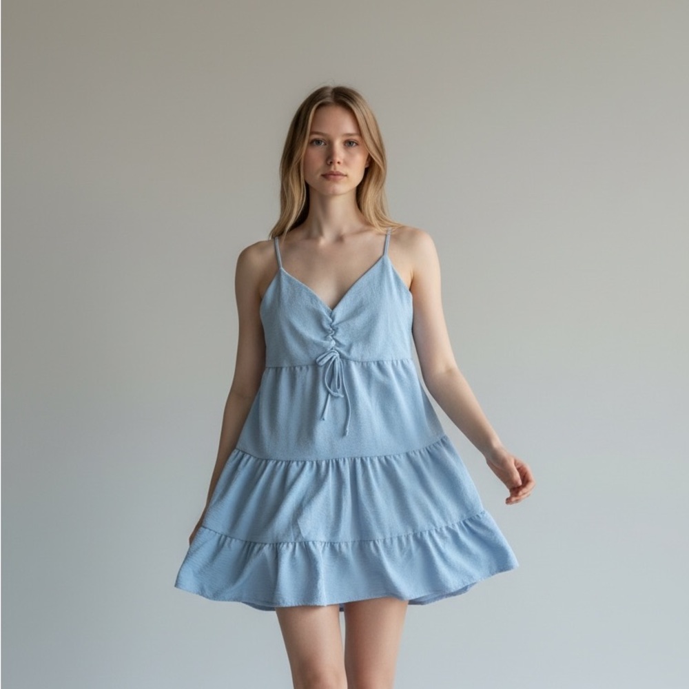Altar'd State Slate Blue Tiered Spaghetti-Strap Mini Dress